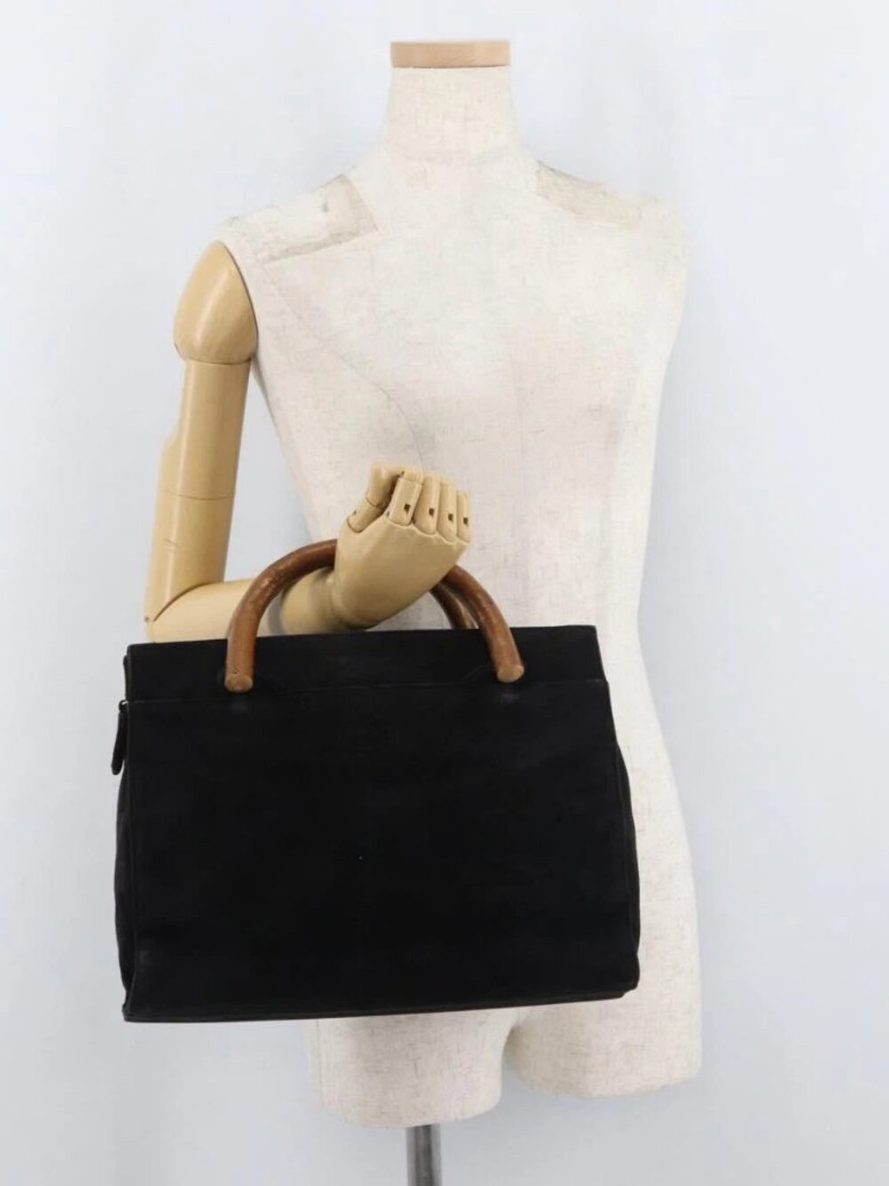 PRADA Wood Handle Hand Bag Suede Black Gold Auth